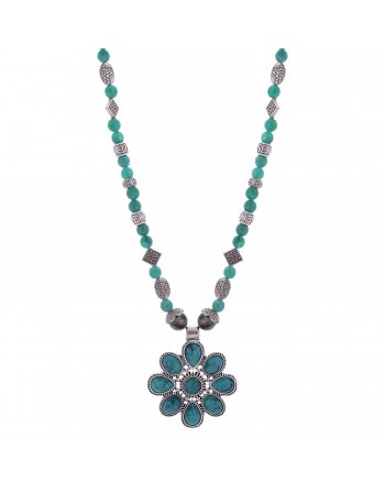 Tibetan Sea Green Necklace With A Pretty Flower Pendant And Geman Silver Spacers HKIAF1019